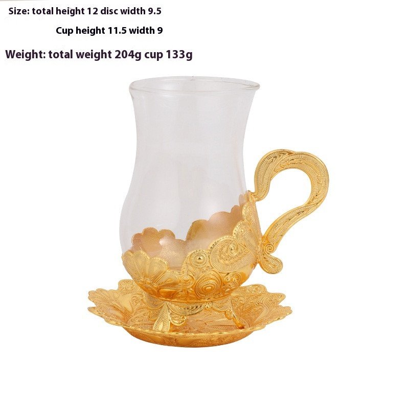 New Modern European Style Tea Cup Saucer Set Zinc Alloy Elegant Coffee Milk Cup Dry Fruit Arab Serving Tray Set with Handle Lid