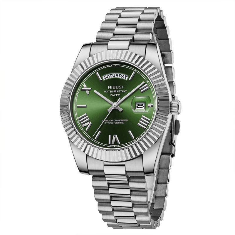 NIBOSI 2628 Stainless Steel Silver Multifunctional Time Green Dial 40MM Men's Watches Luxury Brand Quartz Watch for Men