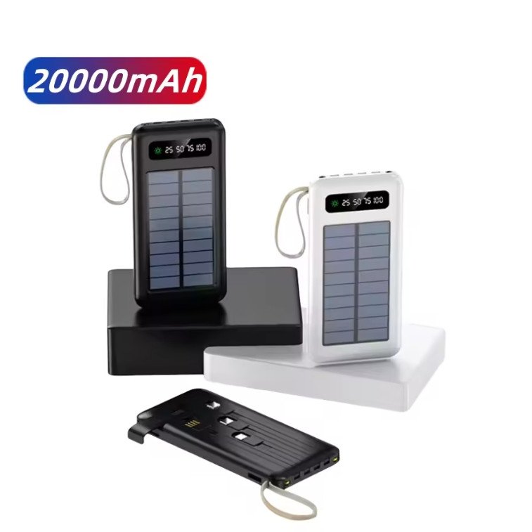 Black White Smart Lanyard Design 20000 Mah Solar Power Bank with Mobile Phone Holder 2 USB Output 1 to 4 Output Charging Cable