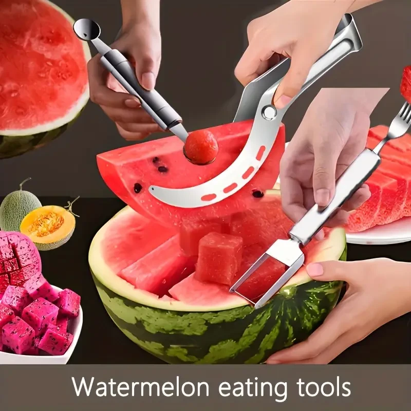 3pcs Set Stainless Steel Watermelon Slicer and Baller, Easy Cut Fruit Cutter, Summer Melon Dicing and Scooping Tool, Metal Kitchen Gadgets for Watermelon and Other Fruits
