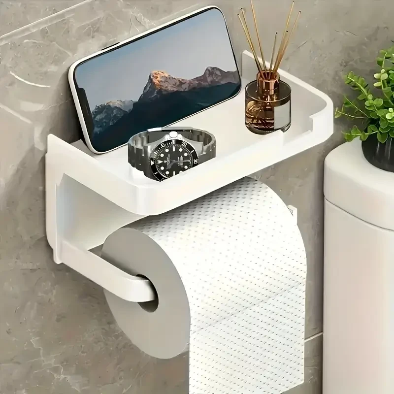 Luxury Self-Adhesive Wall-Mounted Bathroom Tissue Holder with Storage Rack – Sleek Black High-Gloss Finish