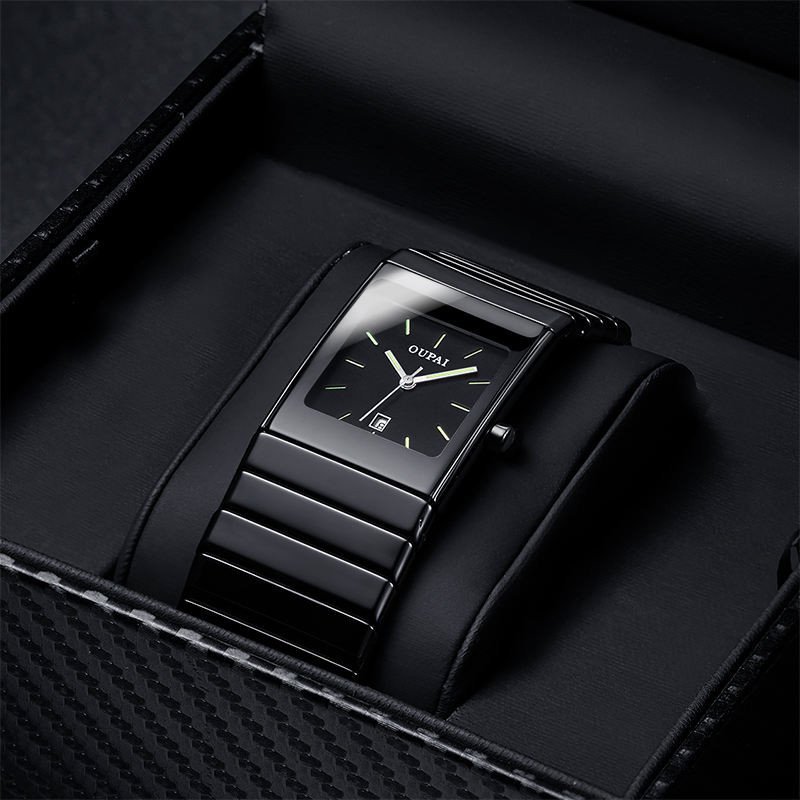Square Black Ceramic Watch Man Ultra Thin Business Luminous Waterproof Rectangle Antique Design Wrist Watch Classic