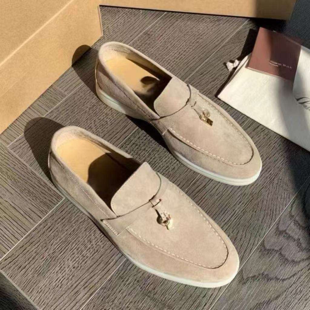 Women's Trendy Frosted Sheepskin Single Shoe Comfortable Flat Loafer with Suede Upper Genuine Leather Lining for All Seasons