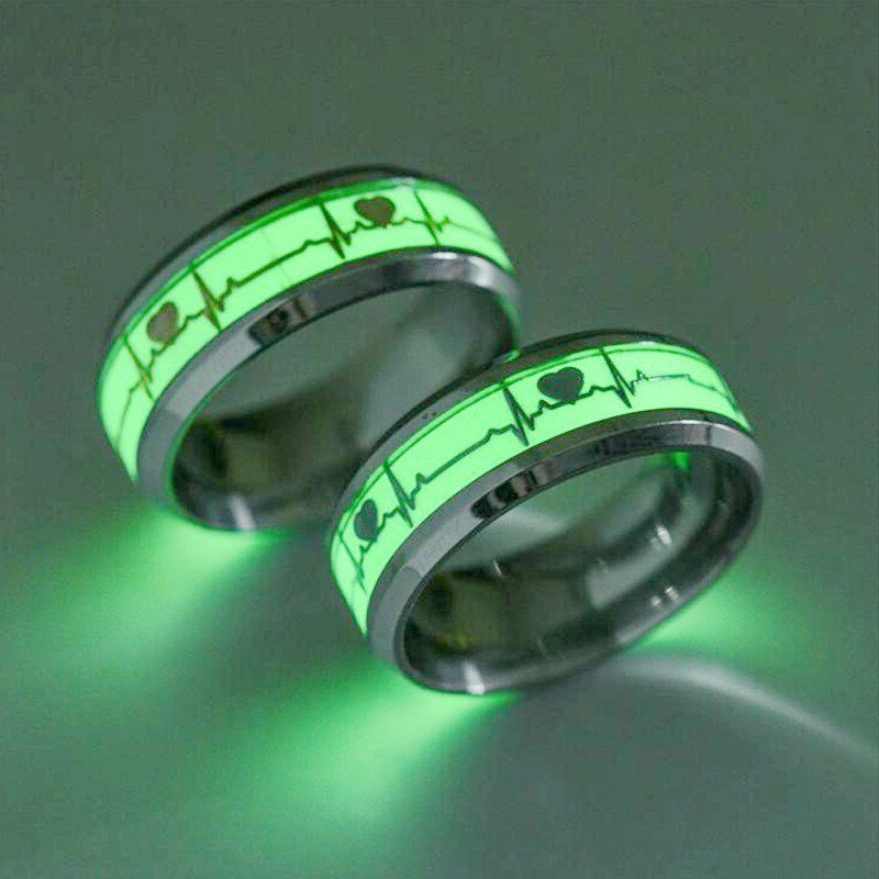 heart-shaped stainless steel women's luminous electrocardiogram couple ring men's fashion jewelry