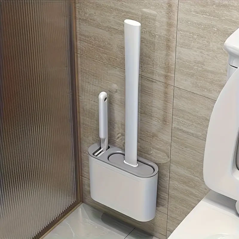1 Set of 2 Toilet Brushes and 1 Toilet Seat, Wall-Mounted Toilet Brush, Silicone Soft Toilet Head,