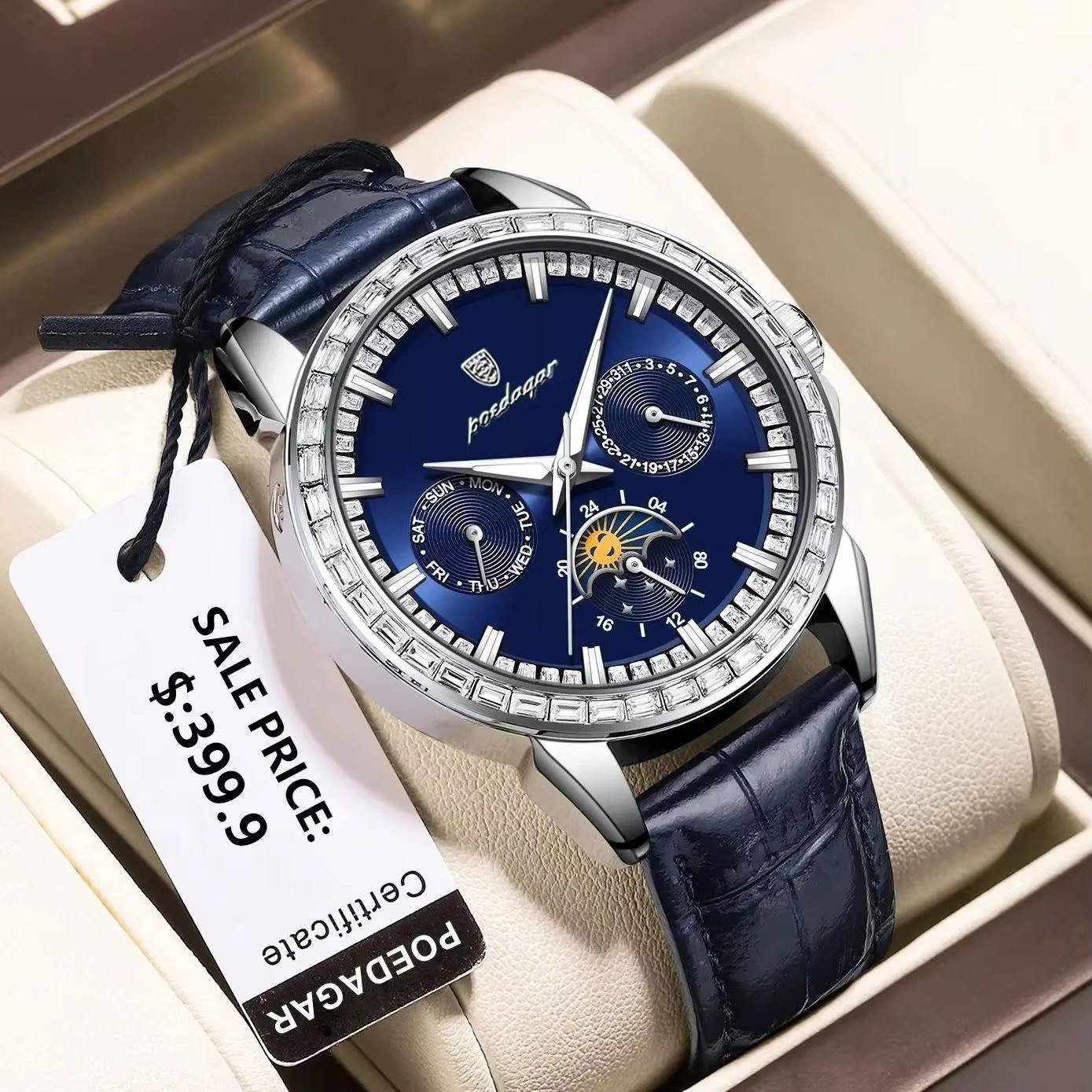 POEDAGAR Watch Men 956 High Quality Diamond Bracelet Leather Wristwatch Sport Chronograph Luxury Watches Reloj Relojes Hombre