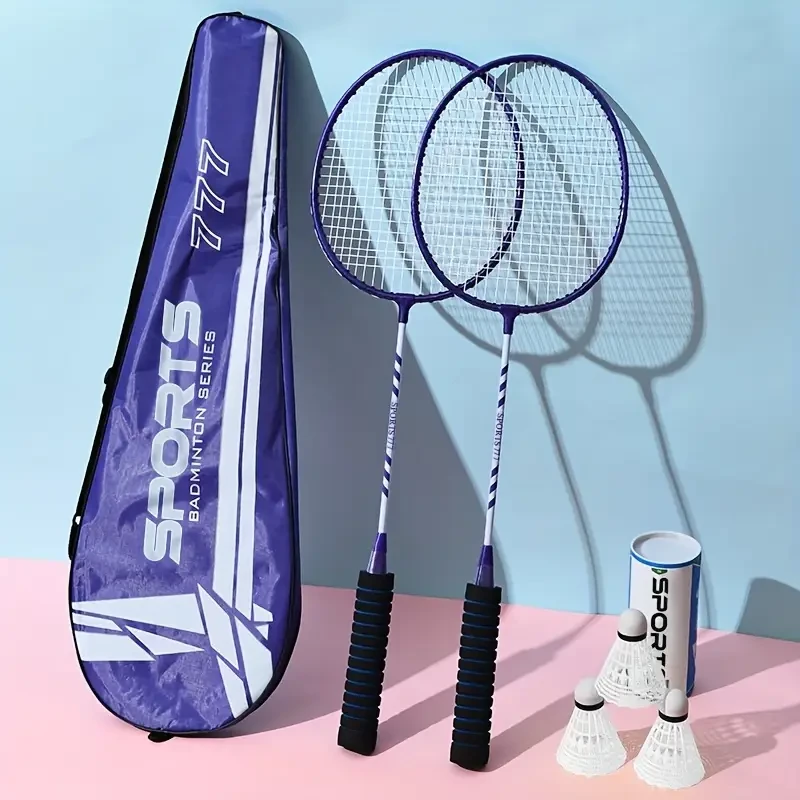 2pcs 777 Badminton Racket Set with Large Frame, Iron Alloy Construction, Available in Blue, Black