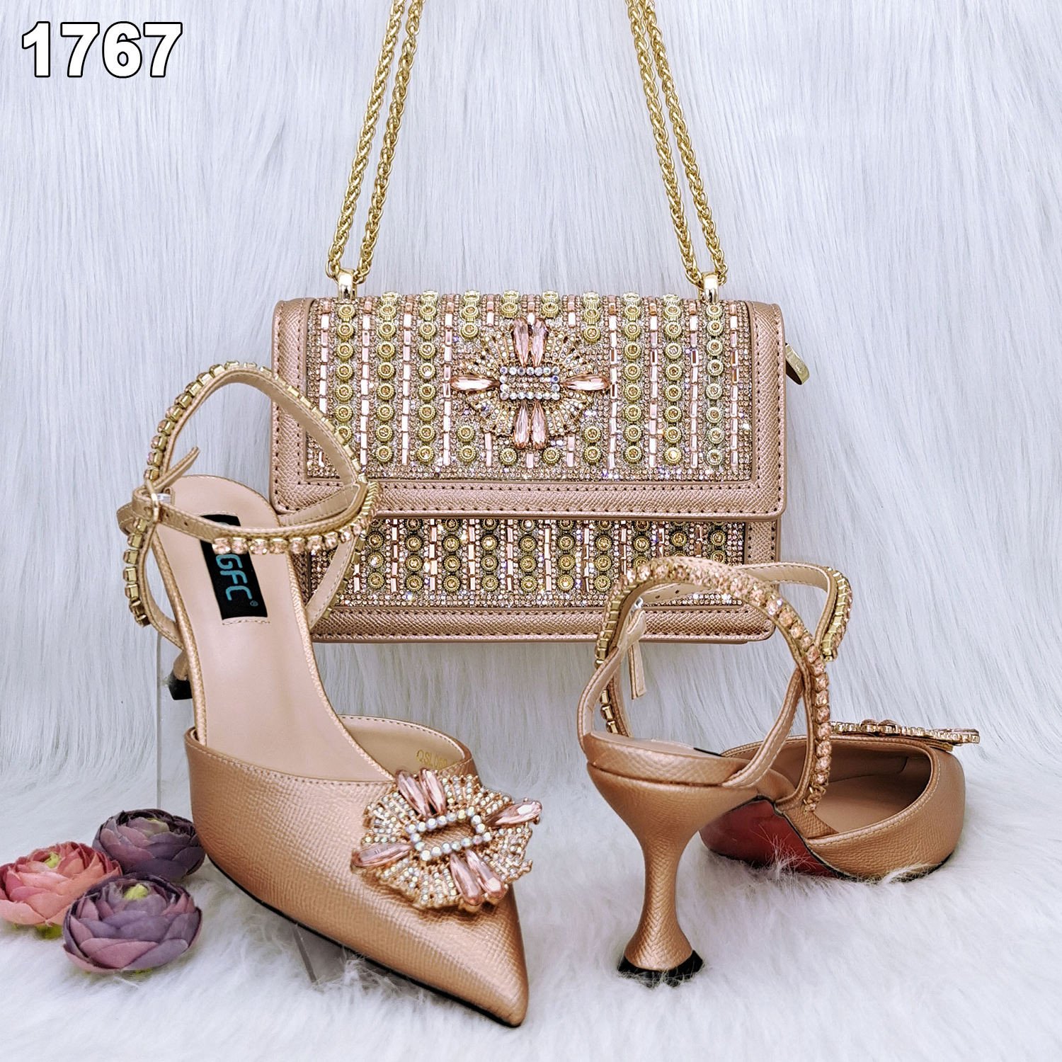 Italian Women Matching Shoe and Bag Set Decorated With Rhinestone High Heel 8cm Europe Size 38-43