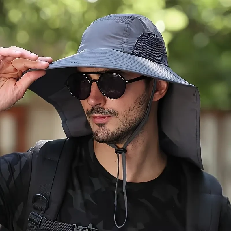 Unisex Wide-Brim Sun Hat with Ear Flaps & Neck Cover - Lightweight Breathable Windproof Design, Adjustable Strap