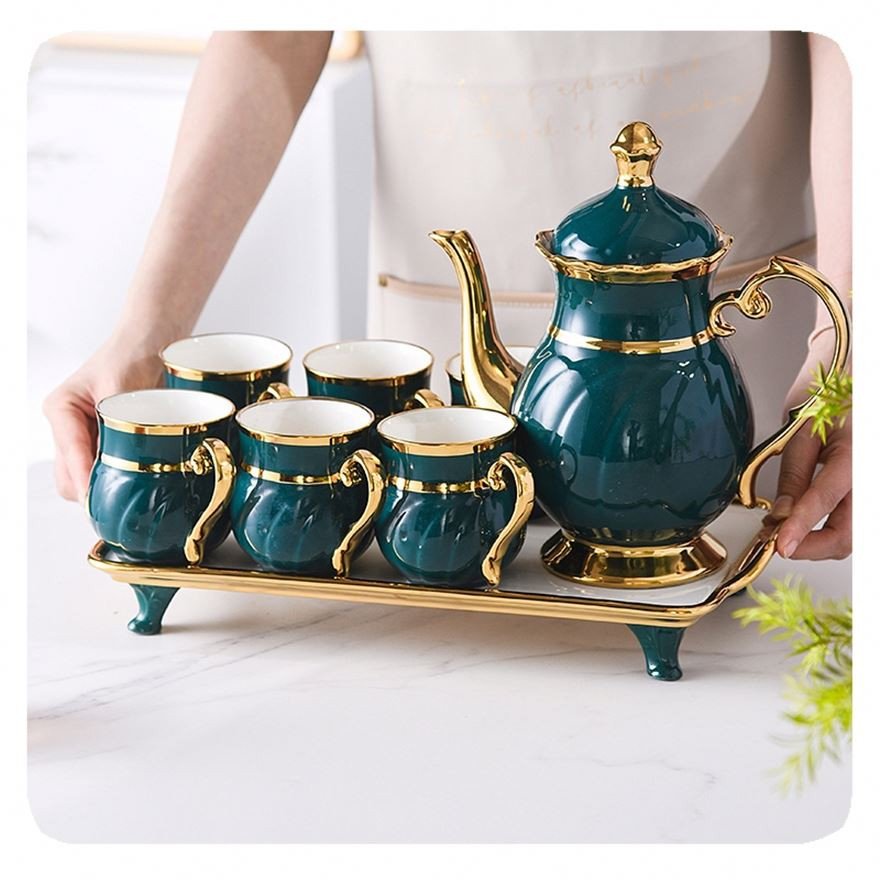 New Luxury 8Pcs Arabic Gold Rim Porcelain Coffee Tea Cup Set With Teapot Tray Ceramic Tea Cup Set