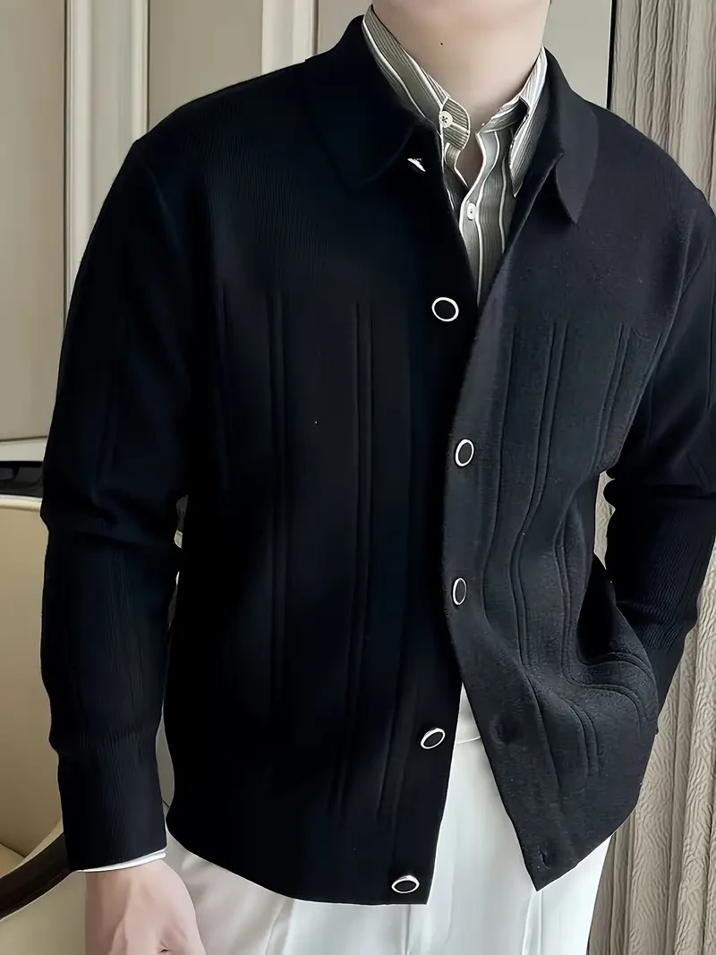 Men's Slim Fit Knit Cardigan - Lightweight Beige Open Front Sweater with Turn- Collar, Machine Washable Casual Fall Winter Layering Essential, Sweater Cardigan, Fall Wardrobe, Classic Collar, Elegant 