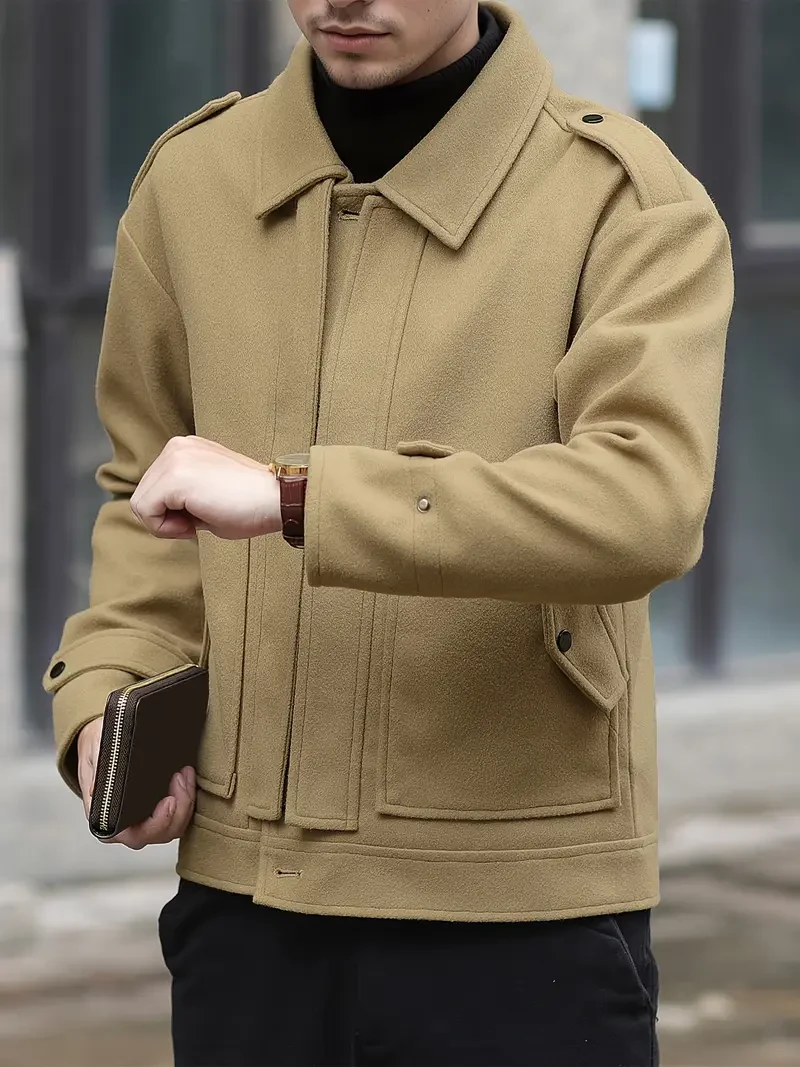 Men's Stylish Autumn/Winter Warm Polyester Casual Jacket with Lapel Collar, Zipper Closure, and Pockets - 100% Polyester Solid Color Loose Fit Coat