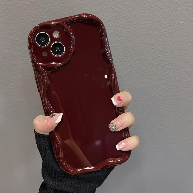 Classic Burgundy Phone Cover with Wavy Edges - High-Quality Solid Color Style, Fits Iphone Models 11, 12, 13, 14, 15, 16 Pro Max, X, XS, XR, 7, 8 Plus,
