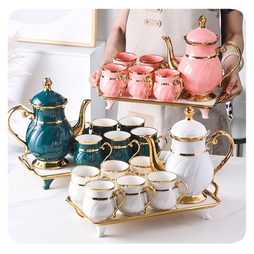 New Luxury 8Pcs Arabic Gold Rim Porcelain Coffee Tea Cup Set With Teapot Tray Ceramic Tea Cup Set