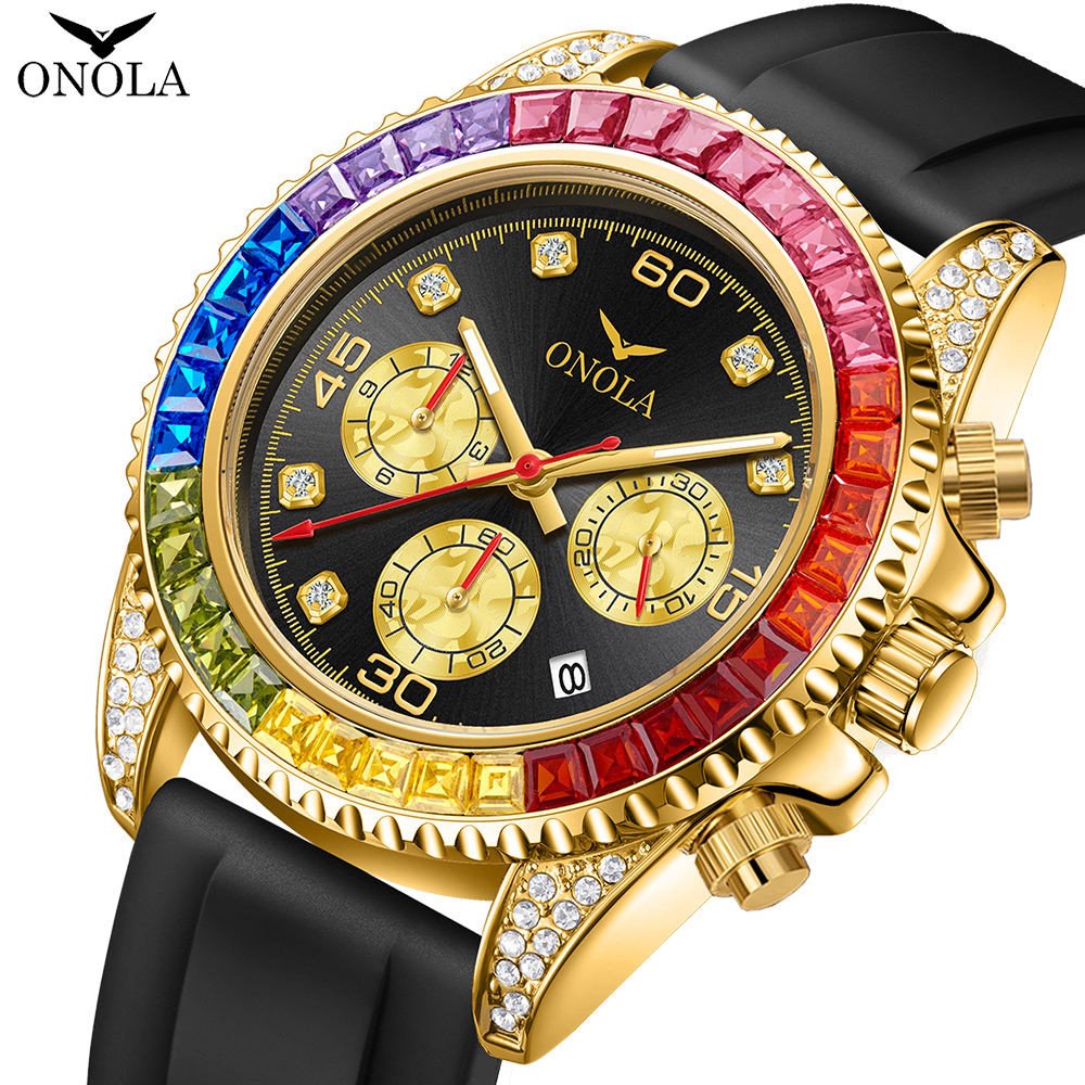 Top Selling Luxury Fashion Rainbow Diamond Night Light Chronograph Watch ONOLA Business Waterproof Leather Brand Watch for Men
