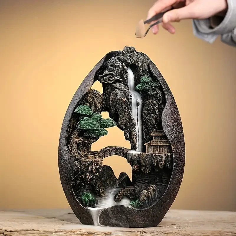 Elegant Resin Incense Burner with Lush Mountain and River Design - Sandalwood Cascading Smoke for Home Decor, Perfect for Christmas,