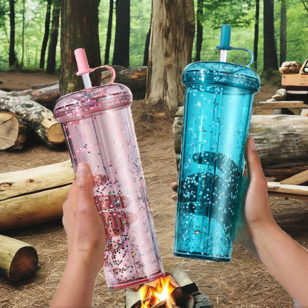 700ML Cute Glitter Shiny Double Wall Tumbler Custom Reusable Straw Direct Drinking Water Flowing Plastic Drinkware for Girls
