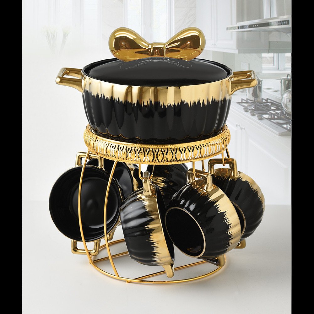 Hot Selling Ceramic Gold Cooking Pot Cookware Set Casserole Ceramic Soup Pot and Bowl Sets