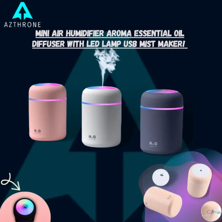 AZTHRONE 300ml Electric Air Humidifier Aroma Oil Diffuser Car Home Air Humidifer USB Cool Mist Sprayer with Colorful Night Light for Home Car