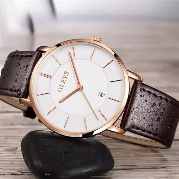 OLEVS 5869 Luxury Men's Quartz Watch Analog Display Date Business Fashion Casual Genuine Leather Thin Wrist Watch for Men