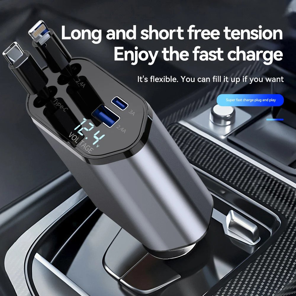 120W 4-in-1 Retractable Car Charger USB-C Cable – For iPhone, Huawei, Samsung | Fast Charging Cable with Cigarette Lighter Adapter, PD & QC3.0