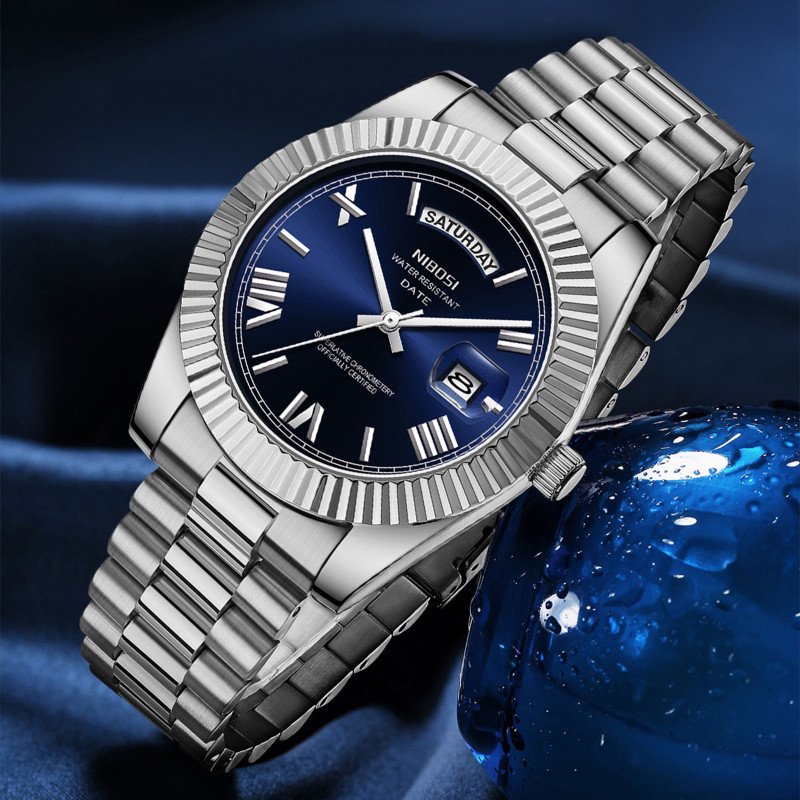 NIBOSI 2628 Stainless Steel Silver Multifunctional Time Green Dial 40MM Men's Watches Luxury Brand Quartz Watch for Men