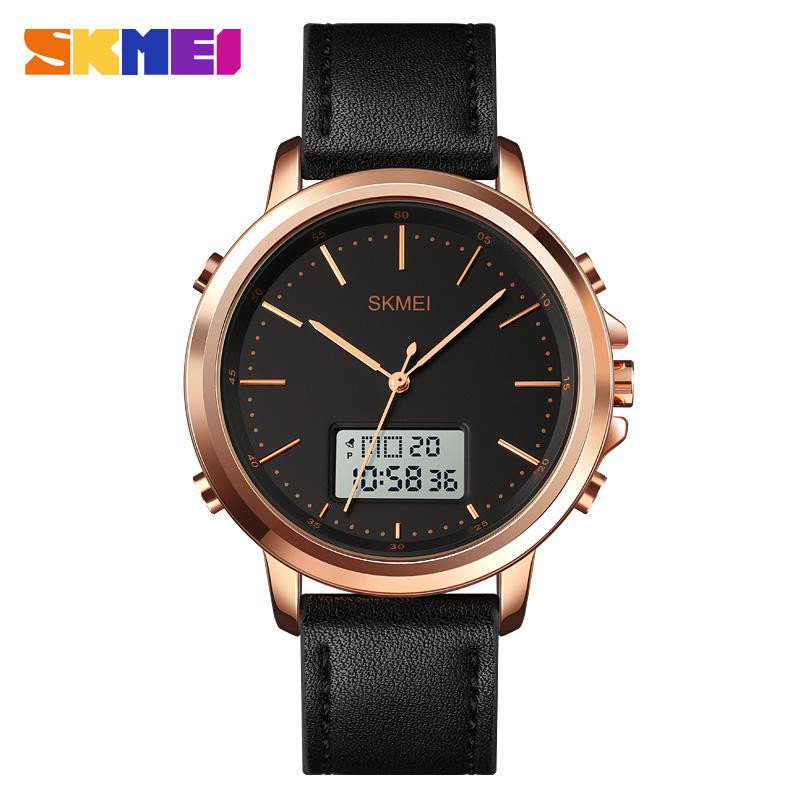 Skmei Fashion Brand Clock Mens Wristwatch Men Watches World Time Digital Dual Movement LED Leather Strap Male Reloj Hombre