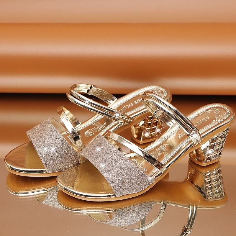 2021 Summer New Korean Style Women's Sandals Open Toe Mid-Heel Shoes with High Top Slip-On Closure Two-Wear Thick Heel Design